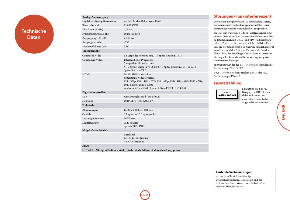 Technische daten, Deutsch, Störungen (funkinterferenzen) | Laserstrahlung | Arcam FMJ BDP100 User Manual | Page 103 / 148