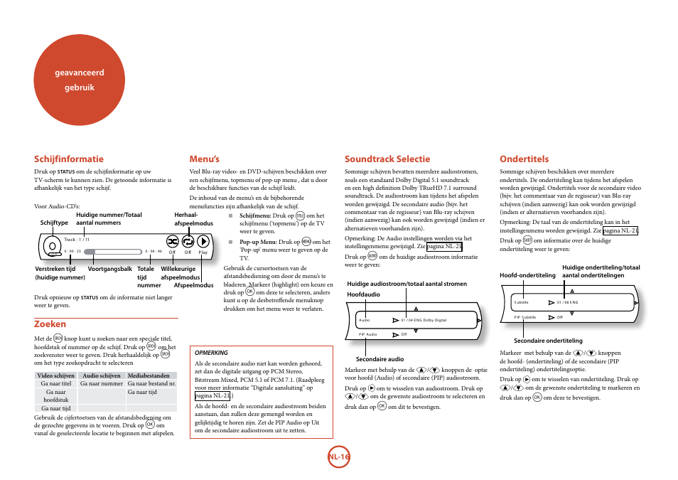 Geavanceerd, Gebruik, Ondertitels | Schijfinformatie, Zoeken, Menu’s, Soundtrack selectie | Arcam FMJ BDP100 User Manual | Page 122 / 148