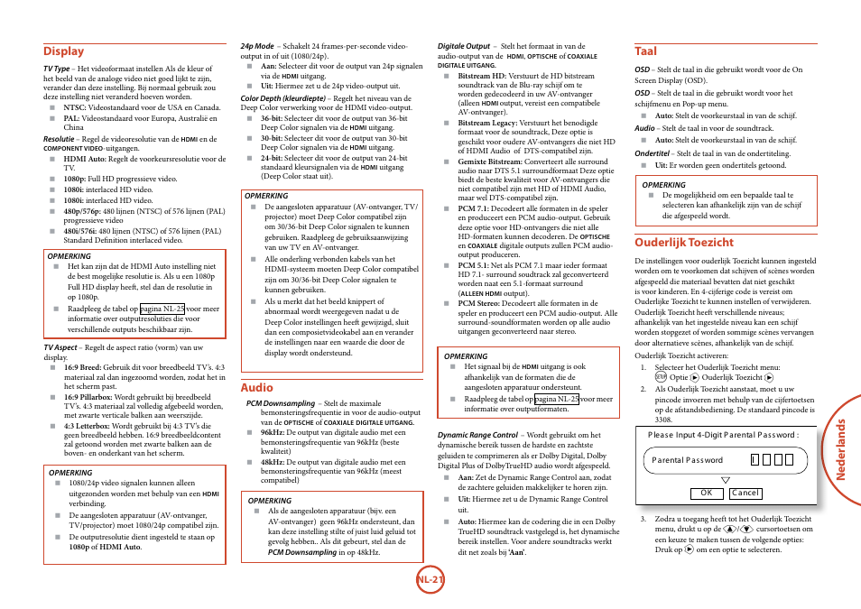 Neder lands, Display, Taal | Audio, Ouderlijk toezicht | Arcam FMJ BDP100 User Manual | Page 127 / 148