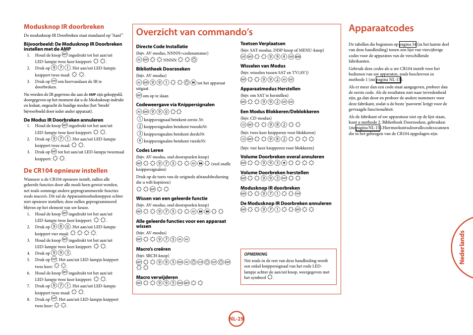 Apparaatcodes, Overzicht van commando’s, Neder lands | Modusknop ir doorbreken, De cr104 opnieuw instellen | Arcam FMJ BDP100 User Manual | Page 135 / 148