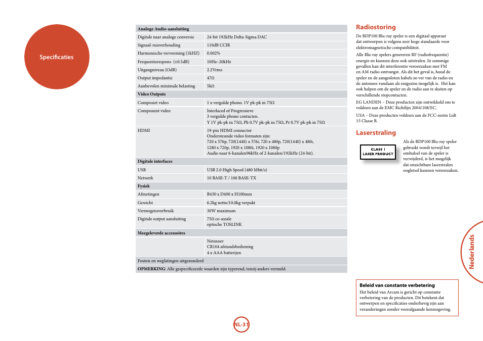 Neder lands, Radiostoring, Laserstraling | Arcam FMJ BDP100 User Manual | Page 137 / 148