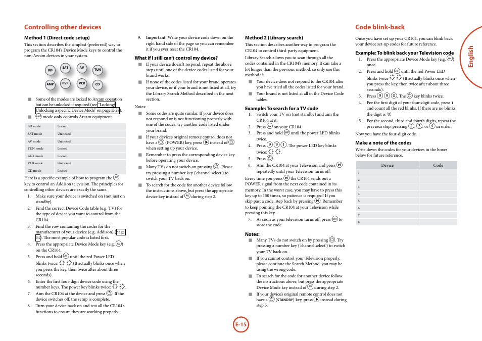 English controlling other devices, Code blink-back | Arcam FMJ BDP100 User Manual | Page 17 / 148