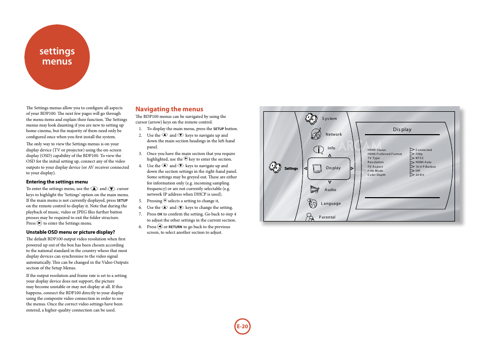 Settings menus, Navigating the menus | Arcam FMJ BDP100 User Manual | Page 22 / 148