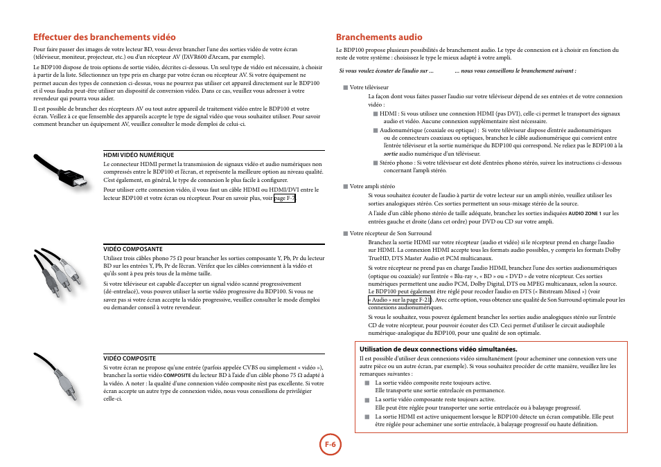 Effectuer des branchements vidéo, Branchements audio | Arcam FMJ BDP100 User Manual | Page 44 / 148