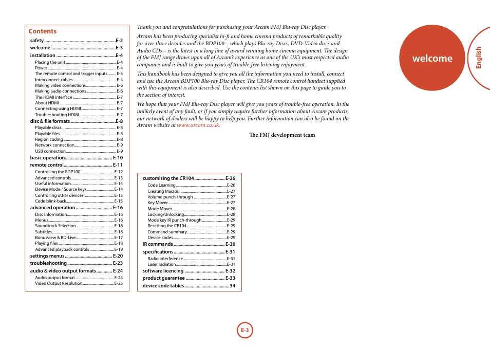 Welcome | Arcam FMJ BDP100 User Manual | Page 5 / 148