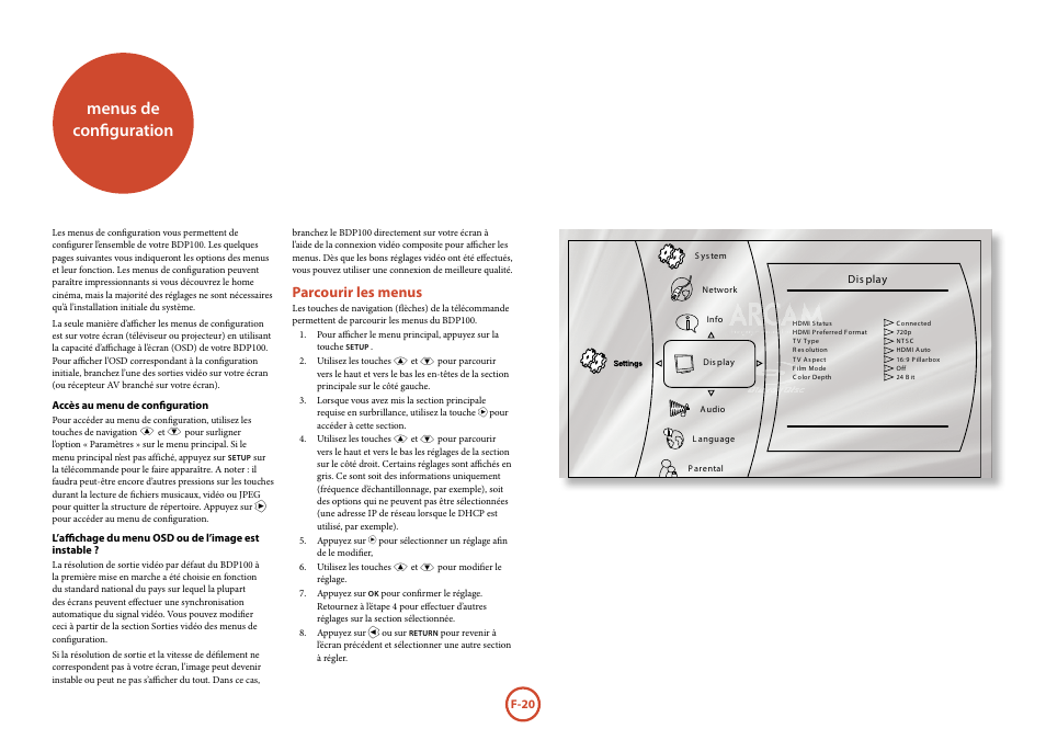 Menus de configuration, Parcourir les menus | Arcam FMJ BDP100 User Manual | Page 58 / 148