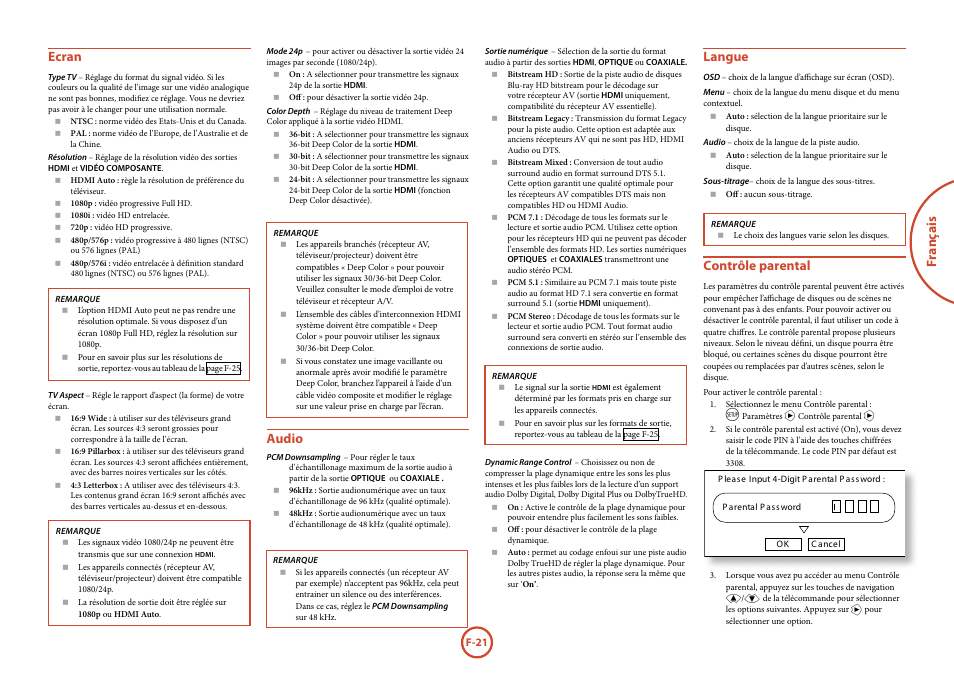 Fr anç ais, Ecran, Langue | Audio, Contrôle parental | Arcam FMJ BDP100 User Manual | Page 59 / 148