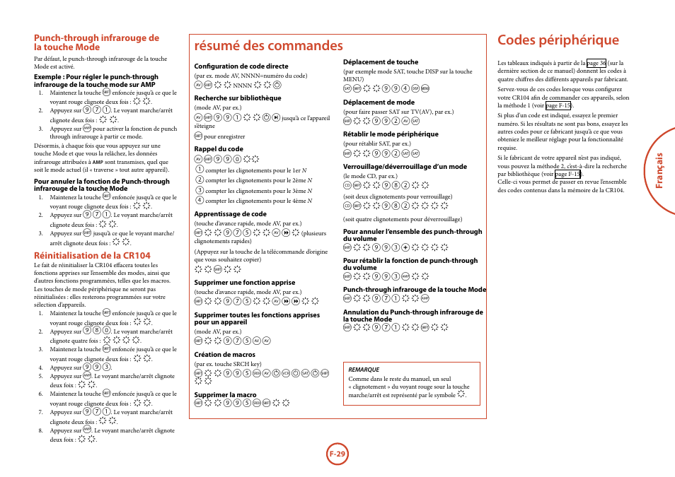 Codes périphérique, Résumé des commandes, Fr anç ais | Punch-through infrarouge de la touche mode, Réinitialisation de la cr104 | Arcam FMJ BDP100 User Manual | Page 67 / 148