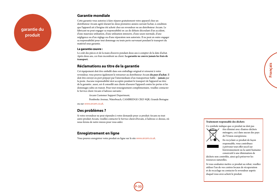 Garantie du produit | Arcam FMJ BDP100 User Manual | Page 71 / 148