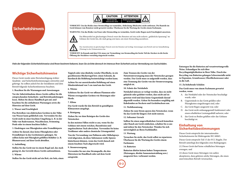 Sicherheitshinweis, Wichtige sicherheitshinweise, Einhaltung von sicherheitsbestimmungen | Arcam FMJ BDP100 User Manual | Page 74 / 148