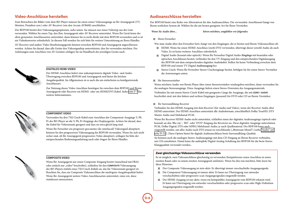 Video-anschlüsse herstellen, Audioanschlüsse herstellen | Arcam FMJ BDP100 User Manual | Page 78 / 148