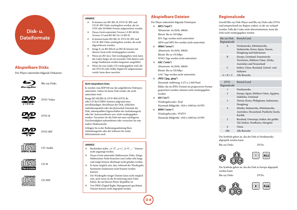 Seite d-8, Disk- u. dateiformate, Regionalcode | Abspielbare disks, Abspielbare dateien | Arcam FMJ BDP100 User Manual | Page 80 / 148