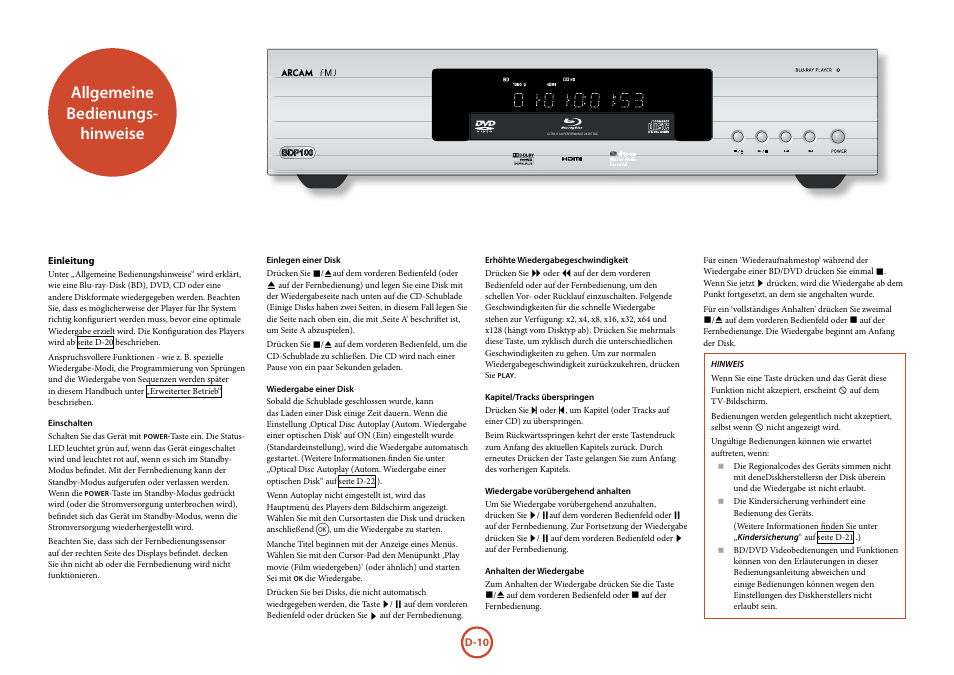 Allgemeine bedienungs- hinweise | Arcam FMJ BDP100 User Manual | Page 82 / 148