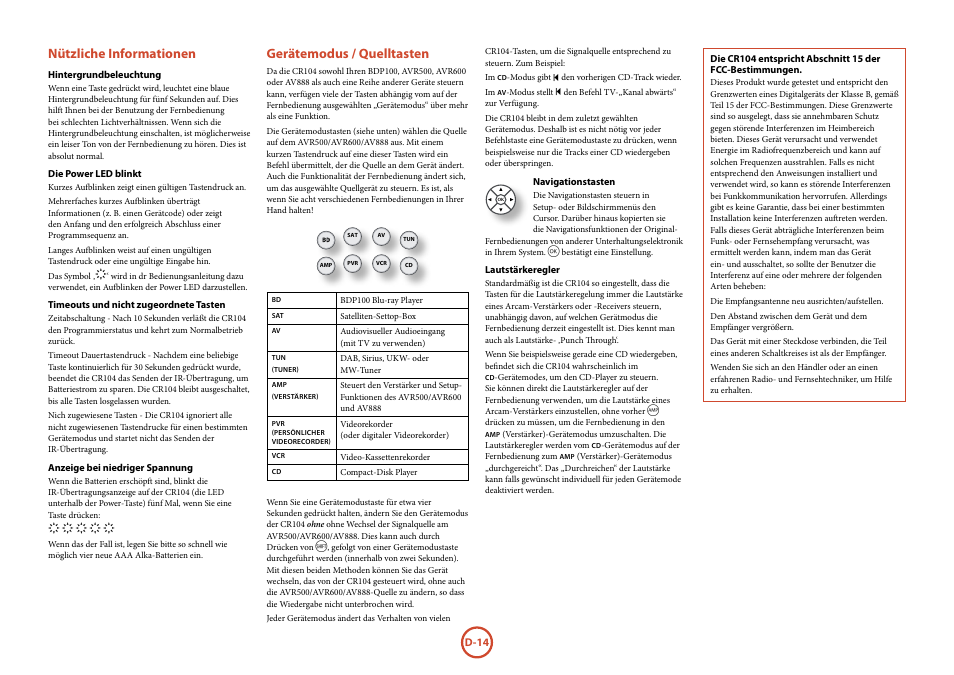 Nützliche informationen, Gerätemodus / quelltasten | Arcam FMJ BDP100 User Manual | Page 86 / 148