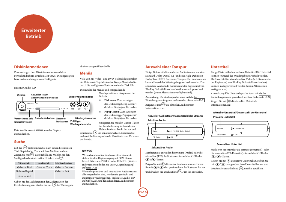 Erweiterter betrieb, Untertitel, Diskinformationen | Suche, Menüs, Auswahl einer tonspur | Arcam FMJ BDP100 User Manual | Page 88 / 148