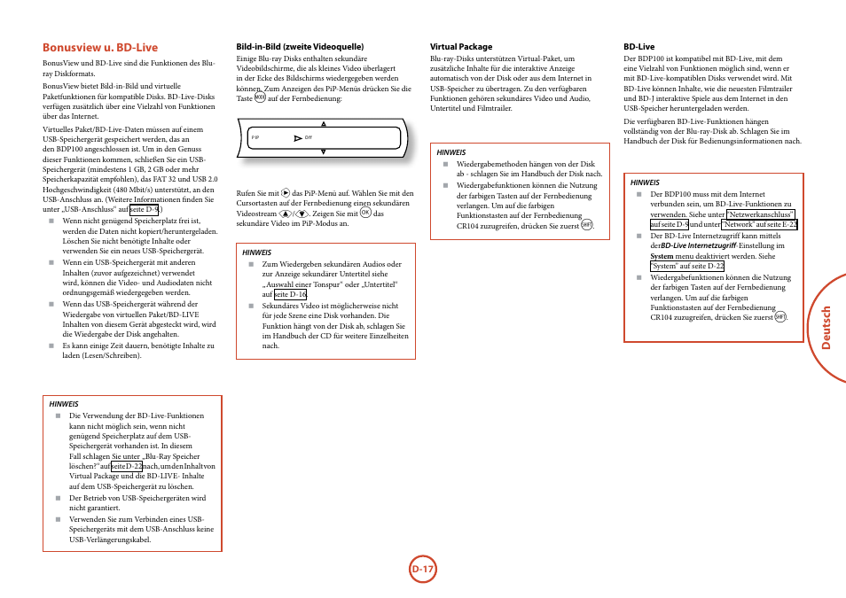 Deutsch, Bonusview u. bd-live | Arcam FMJ BDP100 User Manual | Page 89 / 148