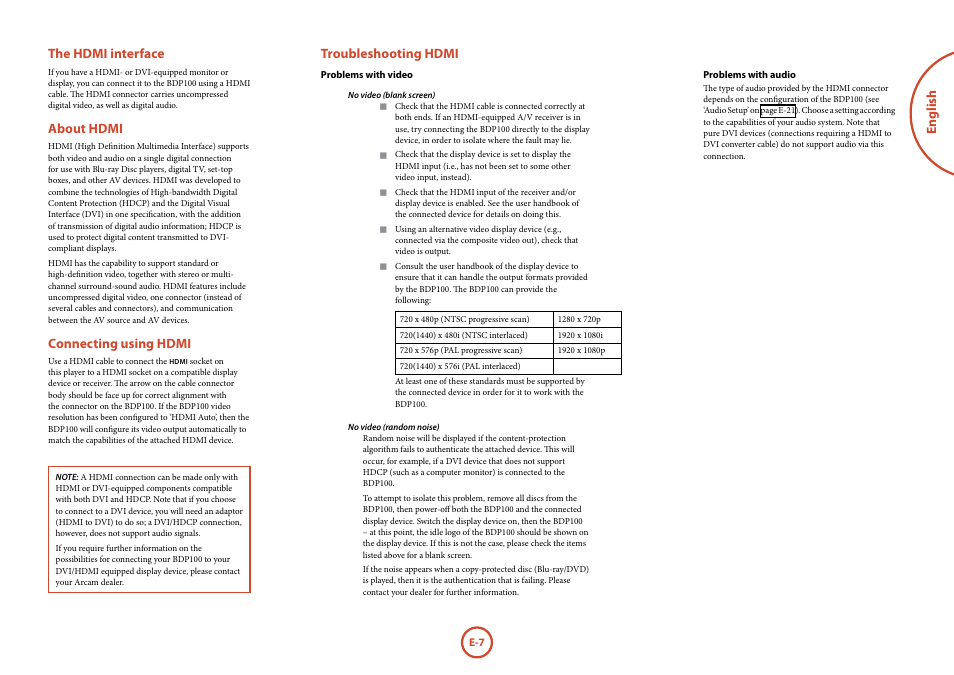 English the hdmi interface, About hdmi, Connecting using hdmi | Troubleshooting hdmi | Arcam FMJ BDP100 User Manual | Page 9 / 148