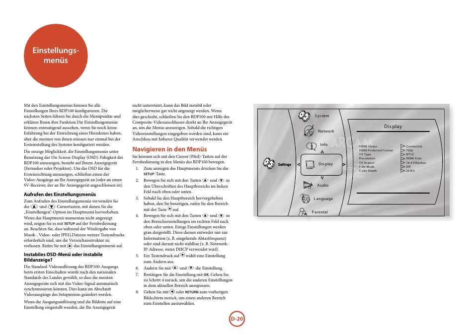 Seite d-20, Einstellungs- menüs, Navigieren in den menüs | Arcam FMJ BDP100 User Manual | Page 92 / 148