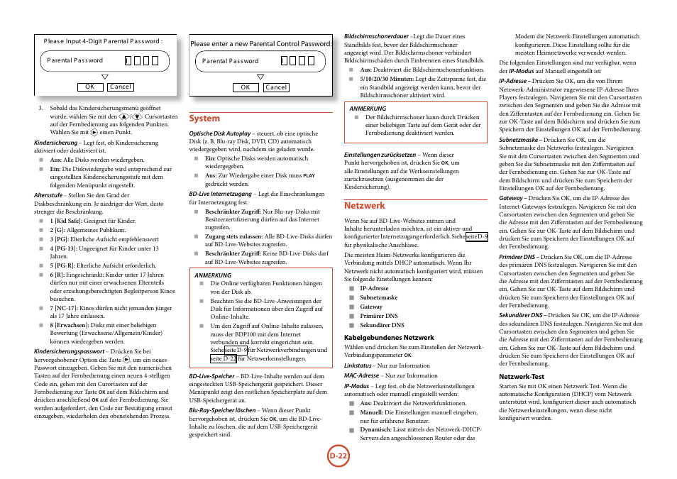 Netzwerk“ auf seite d-22, Seite d-22, System” auf seite d-22 | System, Netzwerk | Arcam FMJ BDP100 User Manual | Page 94 / 148