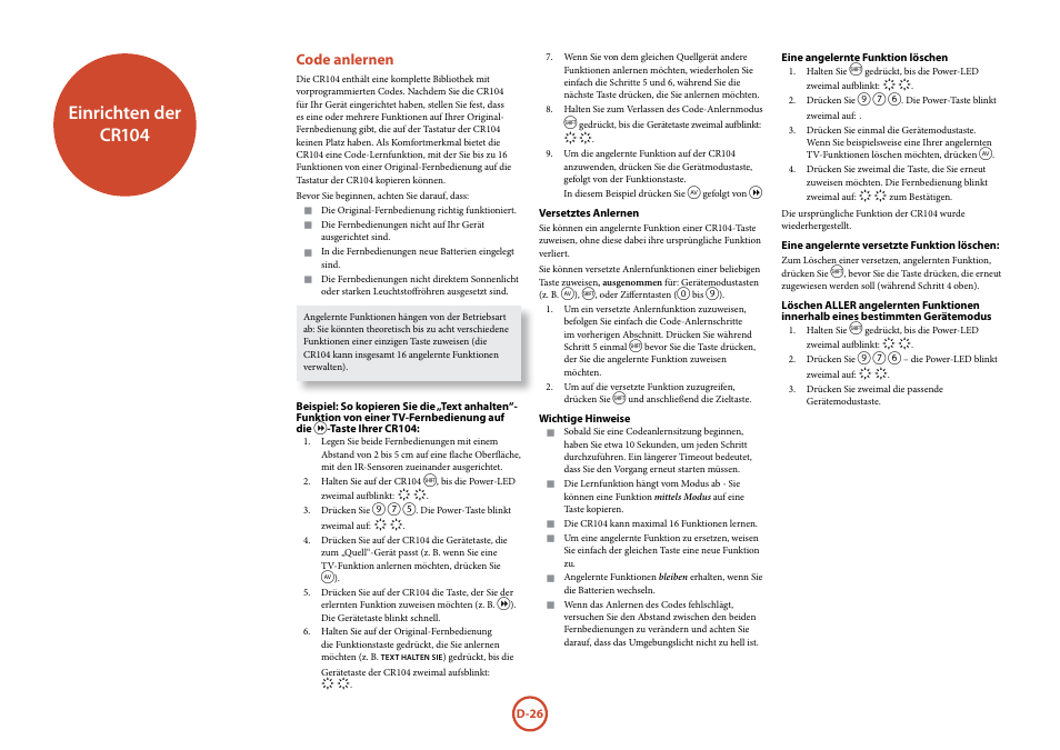 Einrichten der cr104, Code anlernen | Arcam FMJ BDP100 User Manual | Page 98 / 148