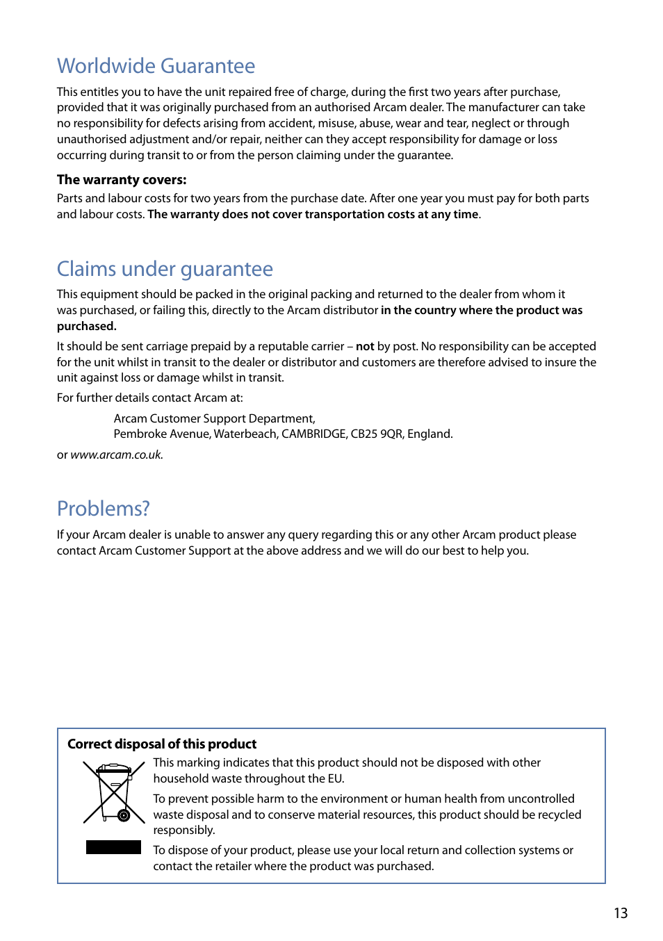 Worldwide guarantee, Claims under guarantee, Problems | Arcam FMJ rLink User Manual | Page 15 / 22