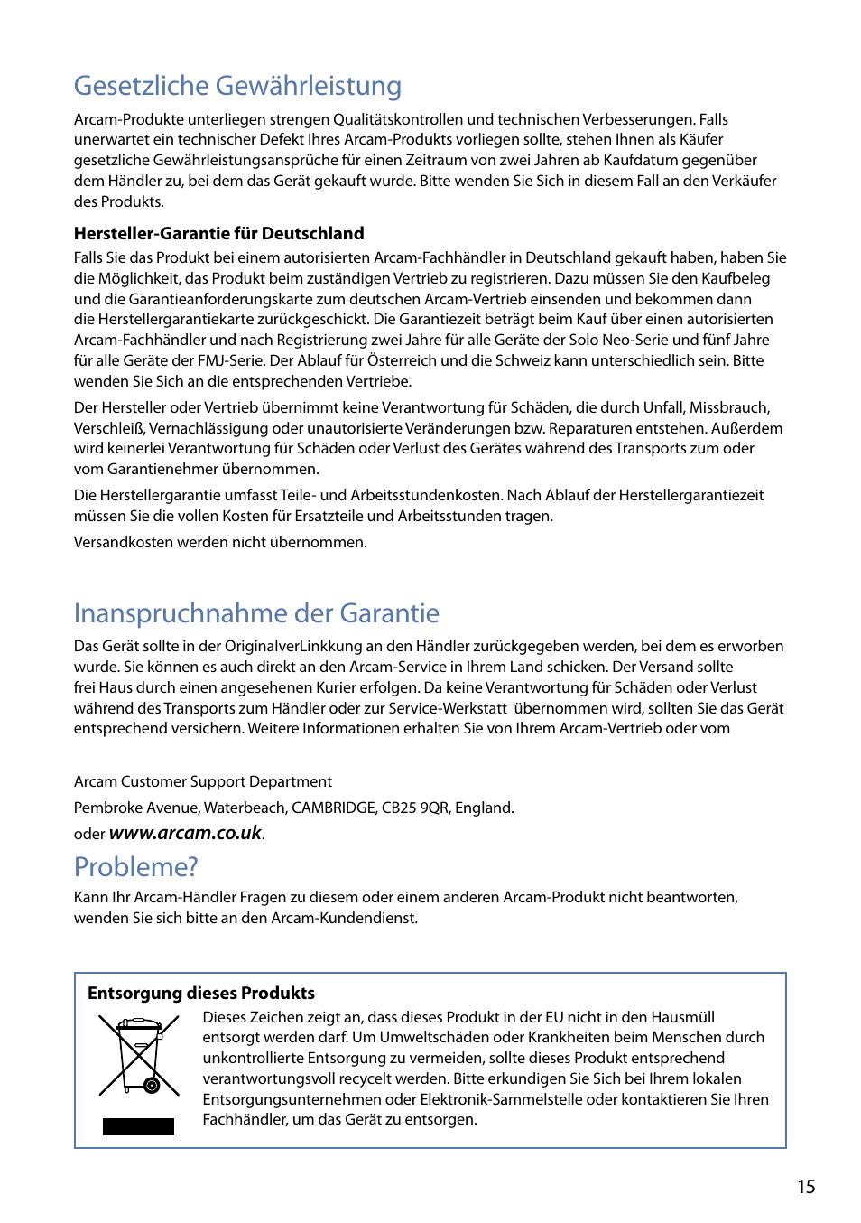 Gesetzliche gewährleistung, Inanspruchnahme der garantie, Probleme | Arcam FMJ rLink User Manual | Page 17 / 22