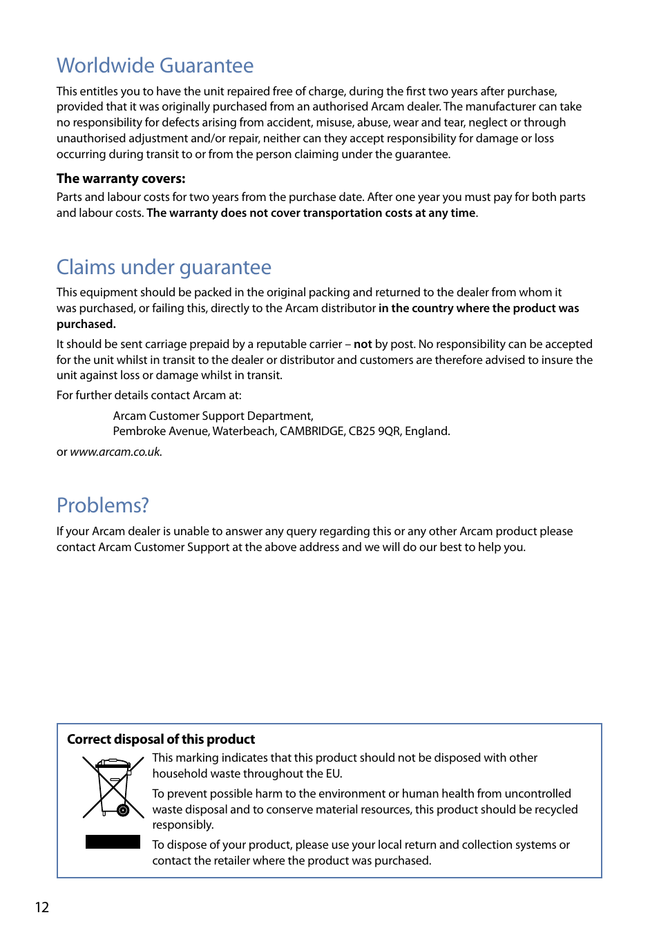 Worldwide guarantee, Claims under guarantee, Problems | Arcam FMJ rPAC User Manual | Page 14 / 22