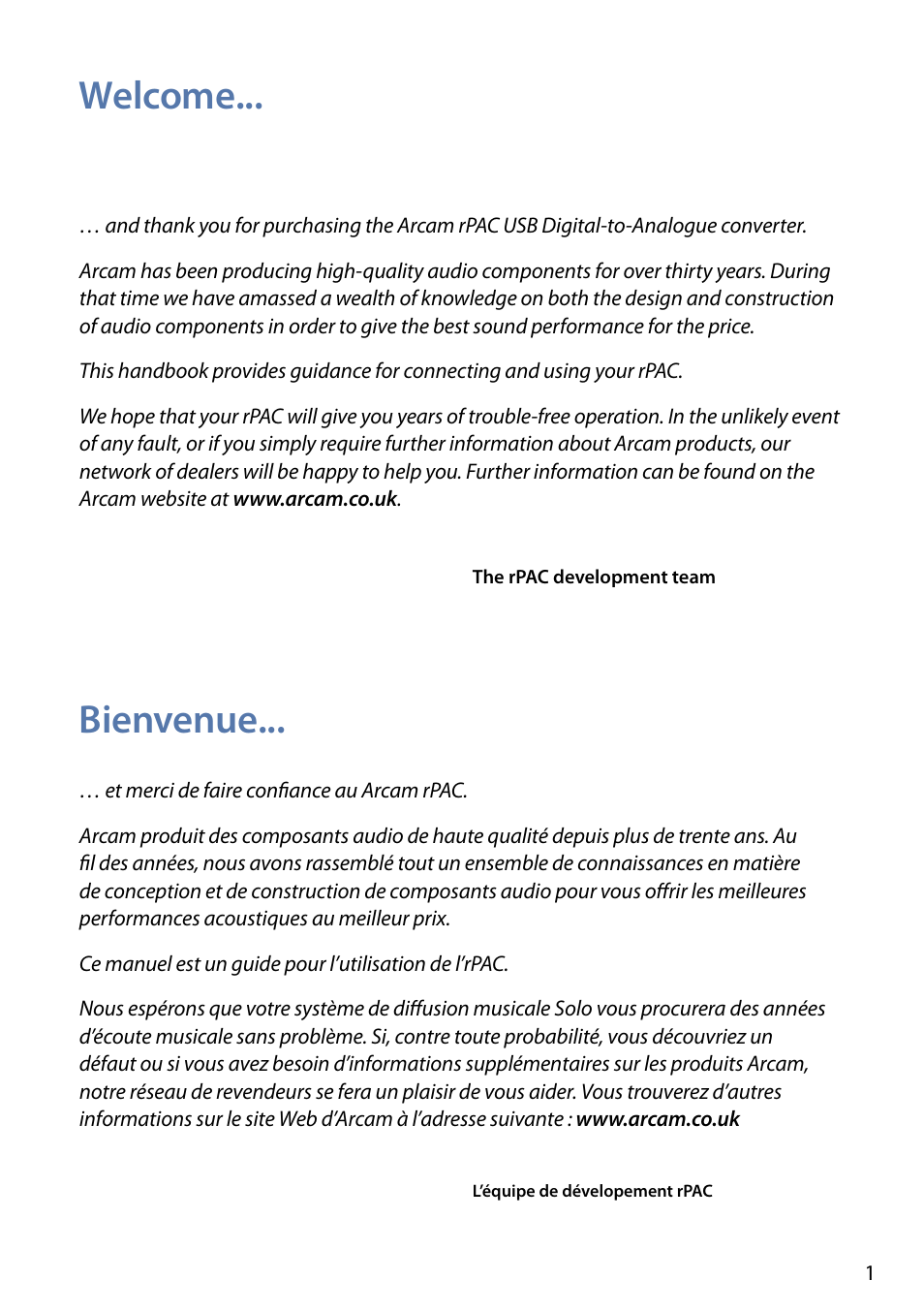 Welcome... bienvenue | Arcam FMJ rPAC User Manual | Page 3 / 22