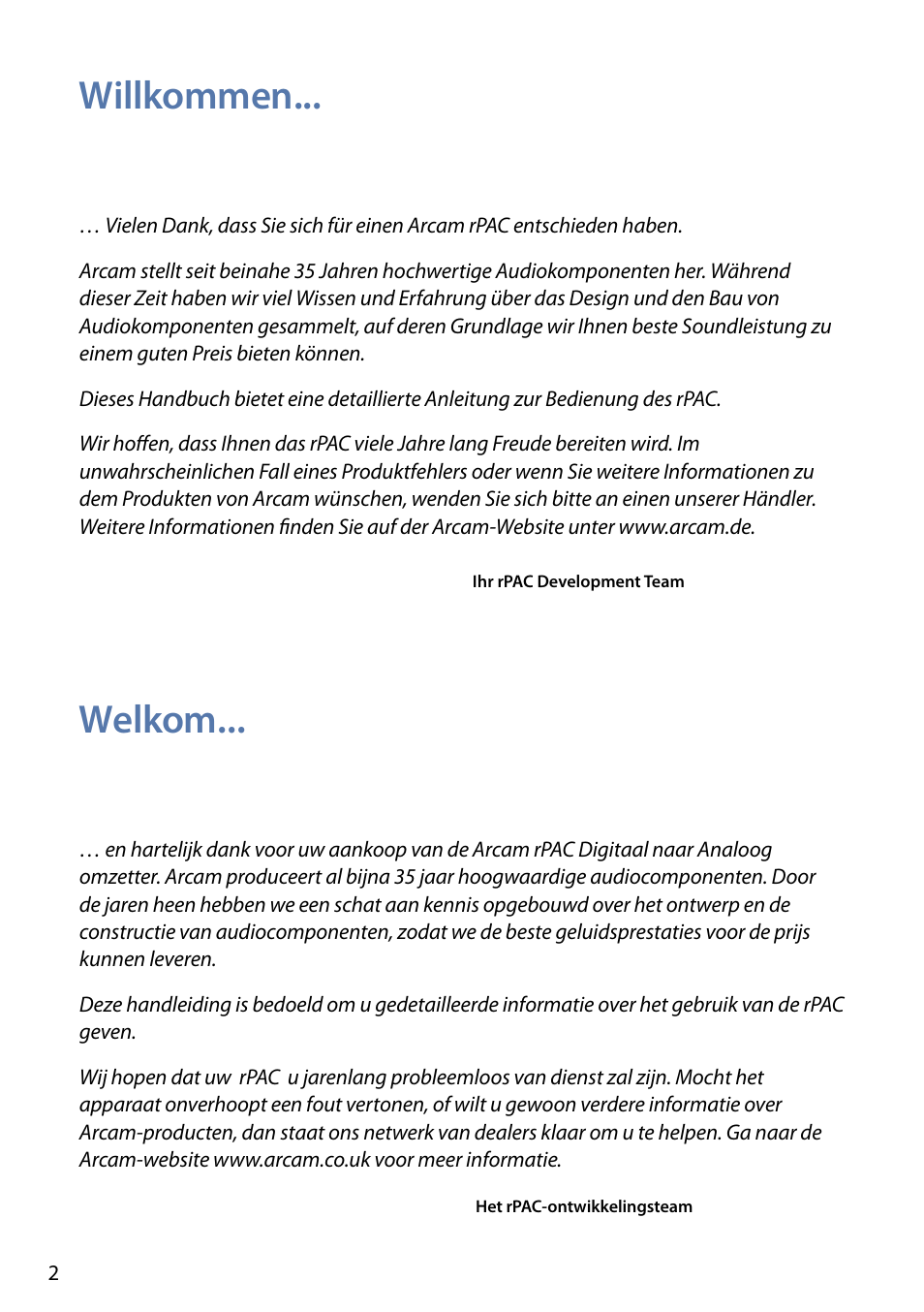 Willkommen... welkom | Arcam FMJ rPAC User Manual | Page 4 / 22