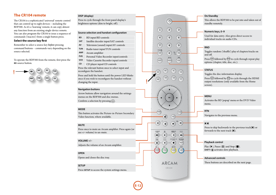 Remote control, The cr104 remote, E-12 | Arcam FMJ BDP300 User Manual | Page 14 / 46