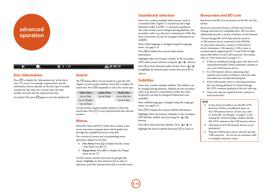Advanced operation, Bonusview and bd-live, Disc information | Search, Menus, Soundtrack selection, Subtitles | Arcam FMJ BDP300 User Manual | Page 18 / 46