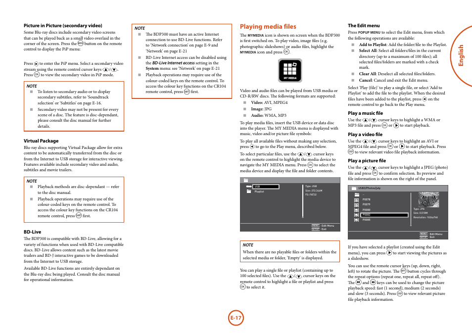 English, Playing media files | Arcam FMJ BDP300 User Manual | Page 19 / 46
