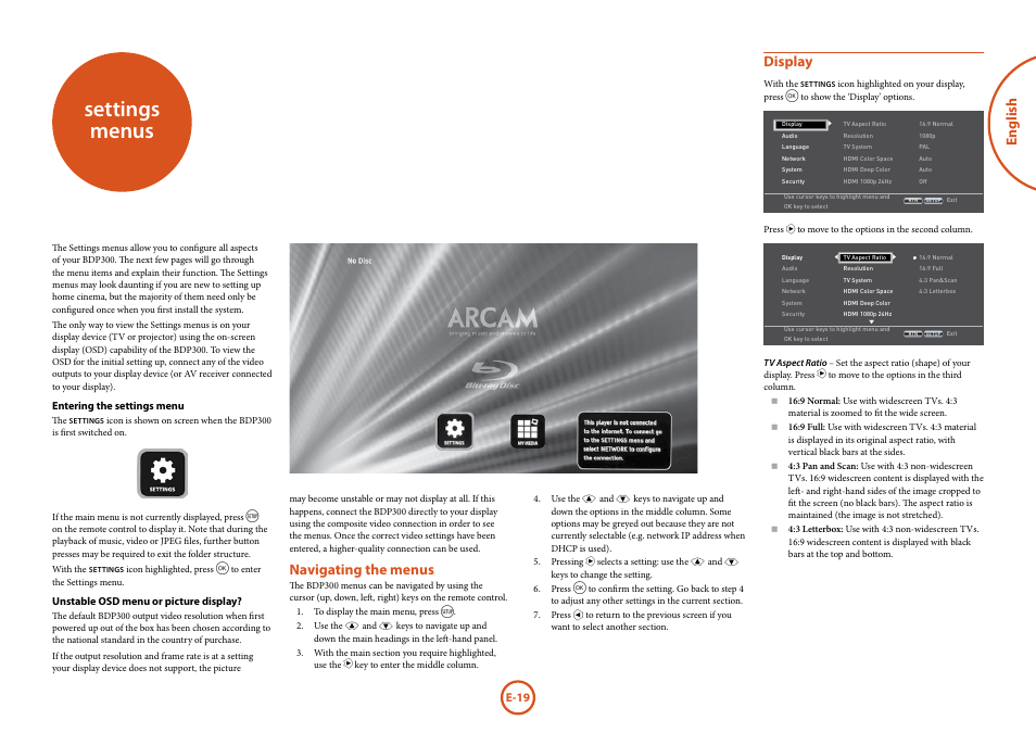 Settings menus, English, Navigating the menus | Display | Arcam FMJ BDP300 User Manual | Page 21 / 46