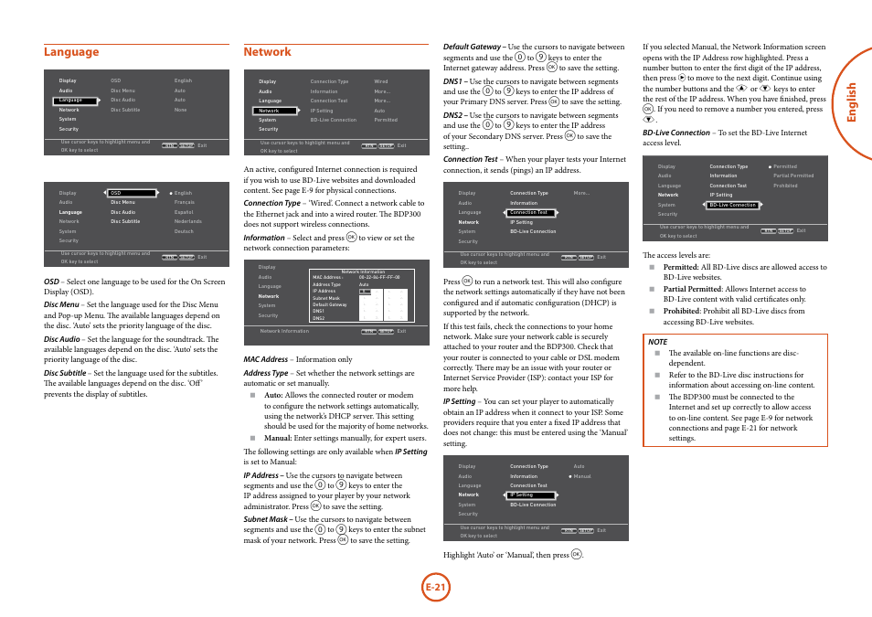 English language, Network, E-21 | Arcam FMJ BDP300 User Manual | Page 23 / 46