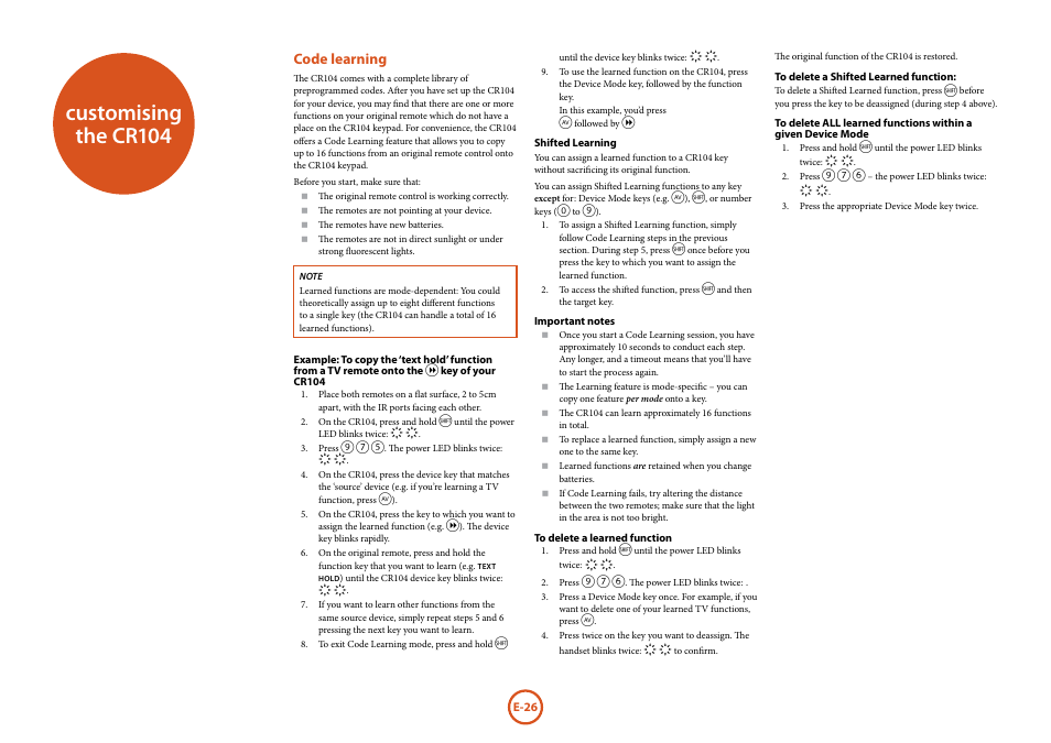 Customising the cr104, Code learning | Arcam FMJ BDP300 User Manual | Page 28 / 46