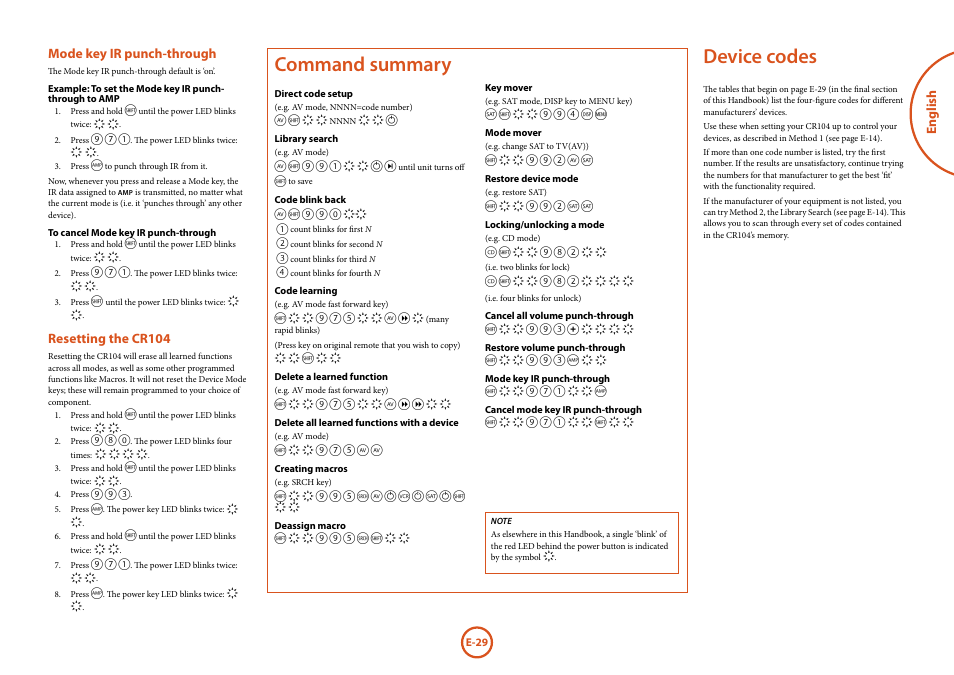 Device codes, Command summary, English | Mode key ir punch-through, Resetting the cr104 | Arcam FMJ BDP300 User Manual | Page 31 / 46