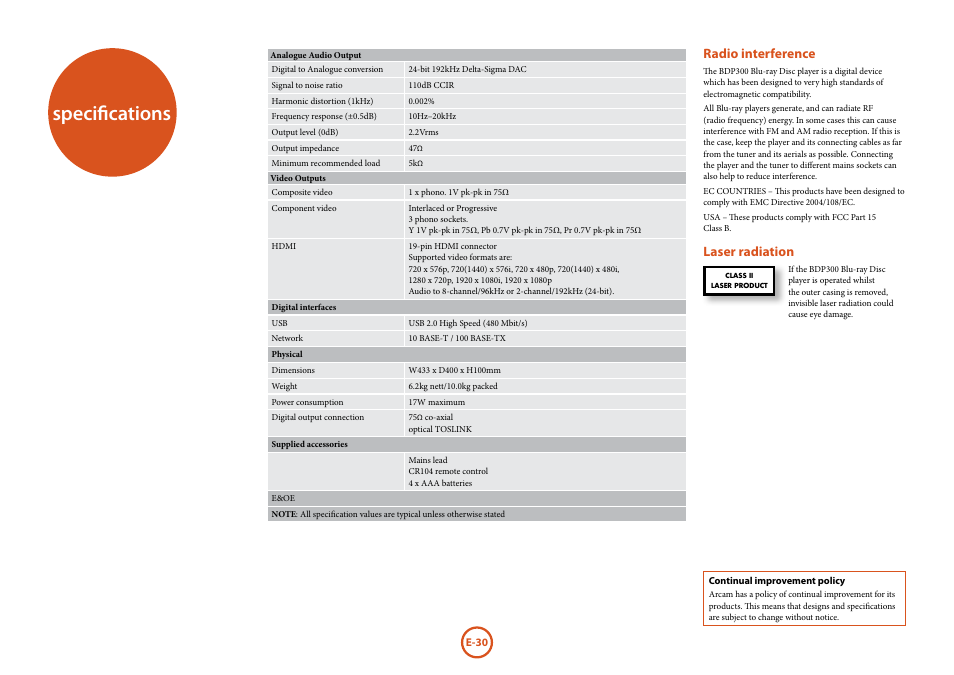 Specifications, Radio interference, Laser radiation | Arcam FMJ BDP300 User Manual | Page 32 / 46
