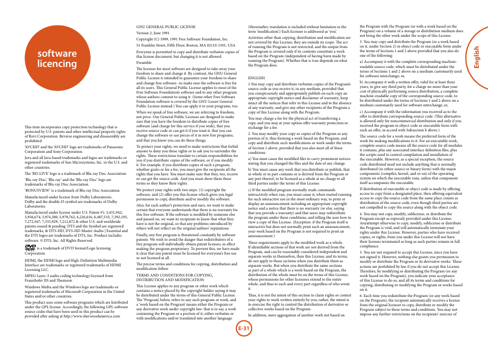 Software licencing, English, E-31 | Arcam FMJ BDP300 User Manual | Page 33 / 46