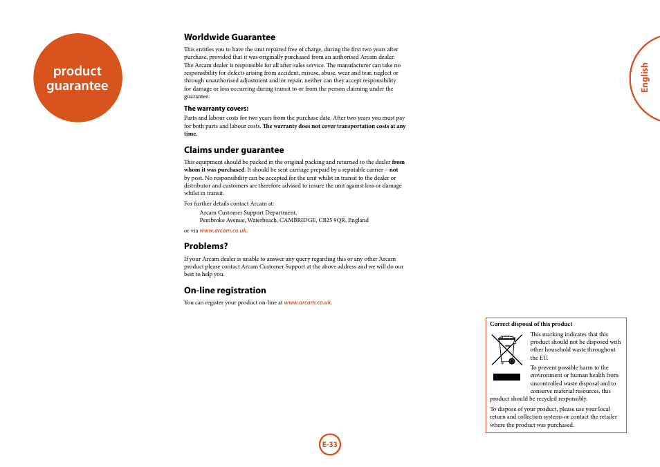 Product guarantee | Arcam FMJ BDP300 User Manual | Page 35 / 46