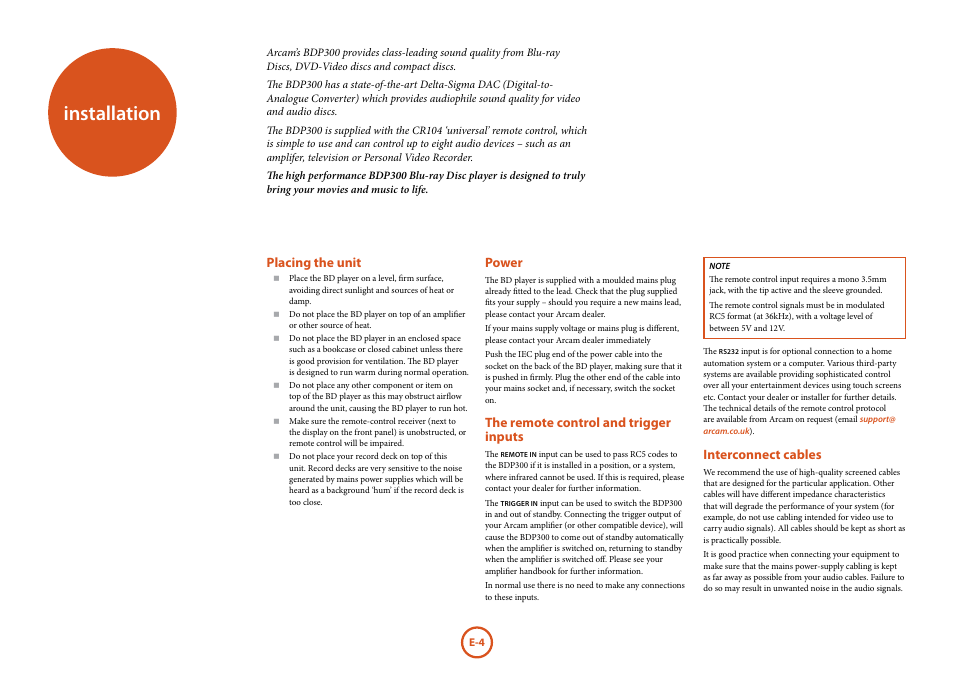 Installation, Placing the unit, Power | The remote control and trigger inputs, Interconnect cables | Arcam FMJ BDP300 User Manual | Page 6 / 46