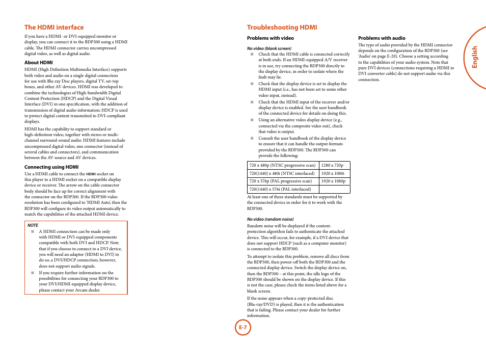 English the hdmi interface, Troubleshooting hdmi | Arcam FMJ BDP300 User Manual | Page 9 / 46