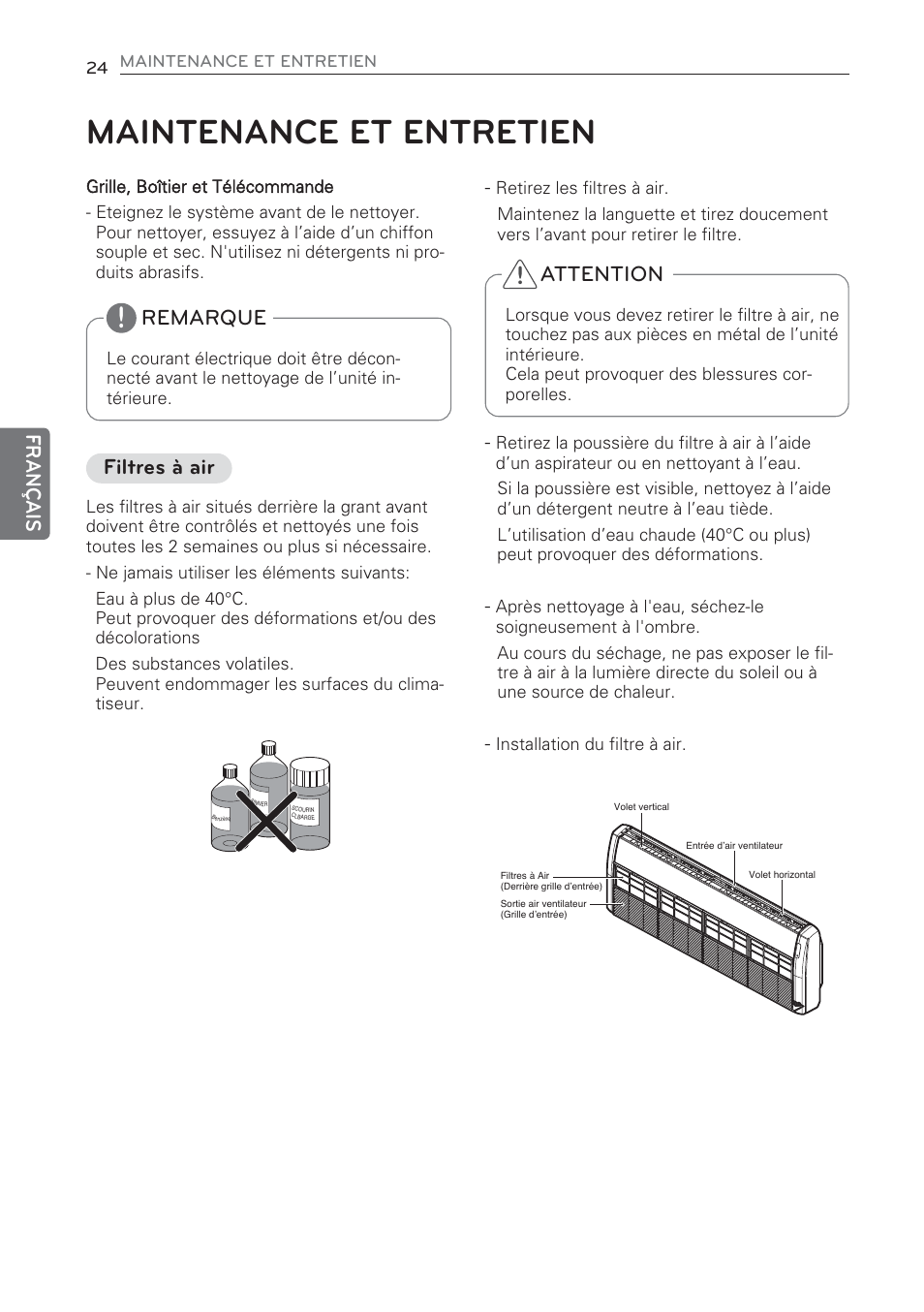Maintenance et entretien, Français, Remarque | Attention, Filtres à air | LG CV09 User Manual | Page 102 / 209
