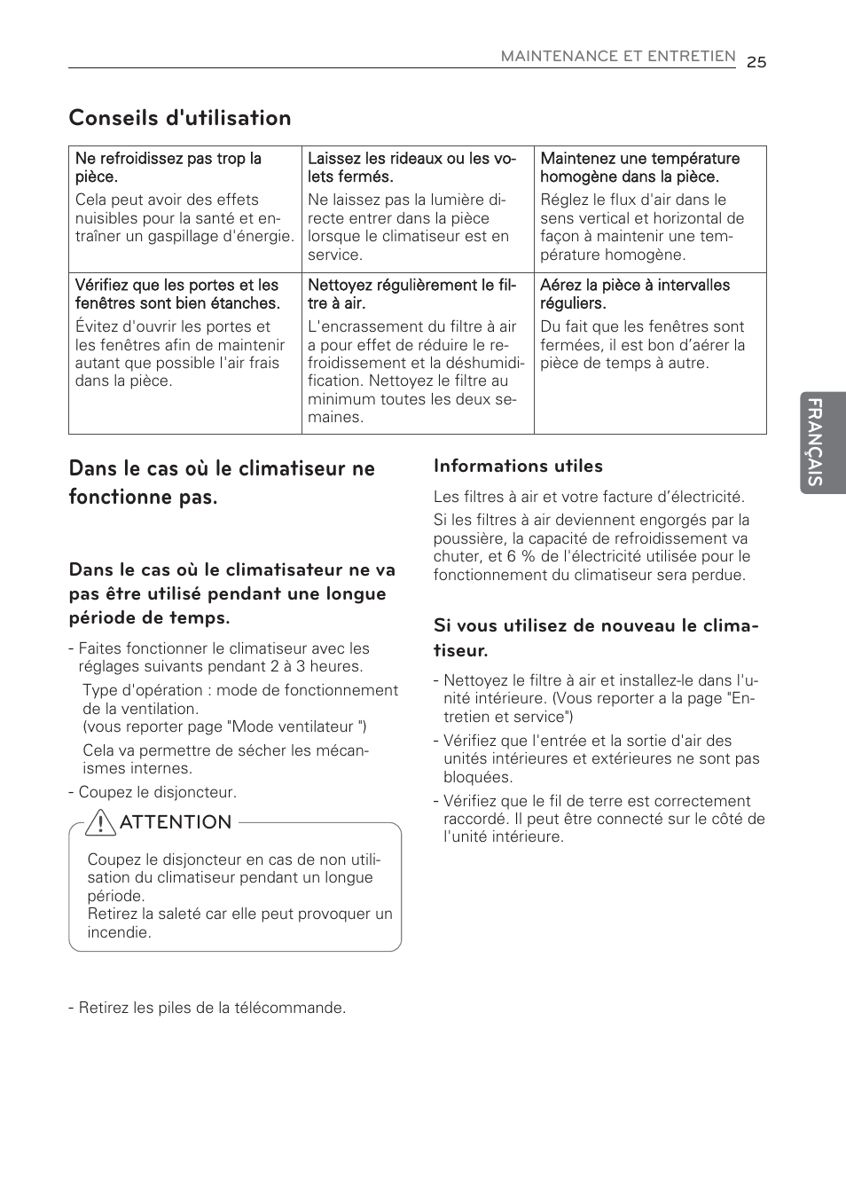 Dans le cas où le climatiseur ne fonctionne pas, Conseils d'utilisation | LG CV09 User Manual | Page 103 / 209