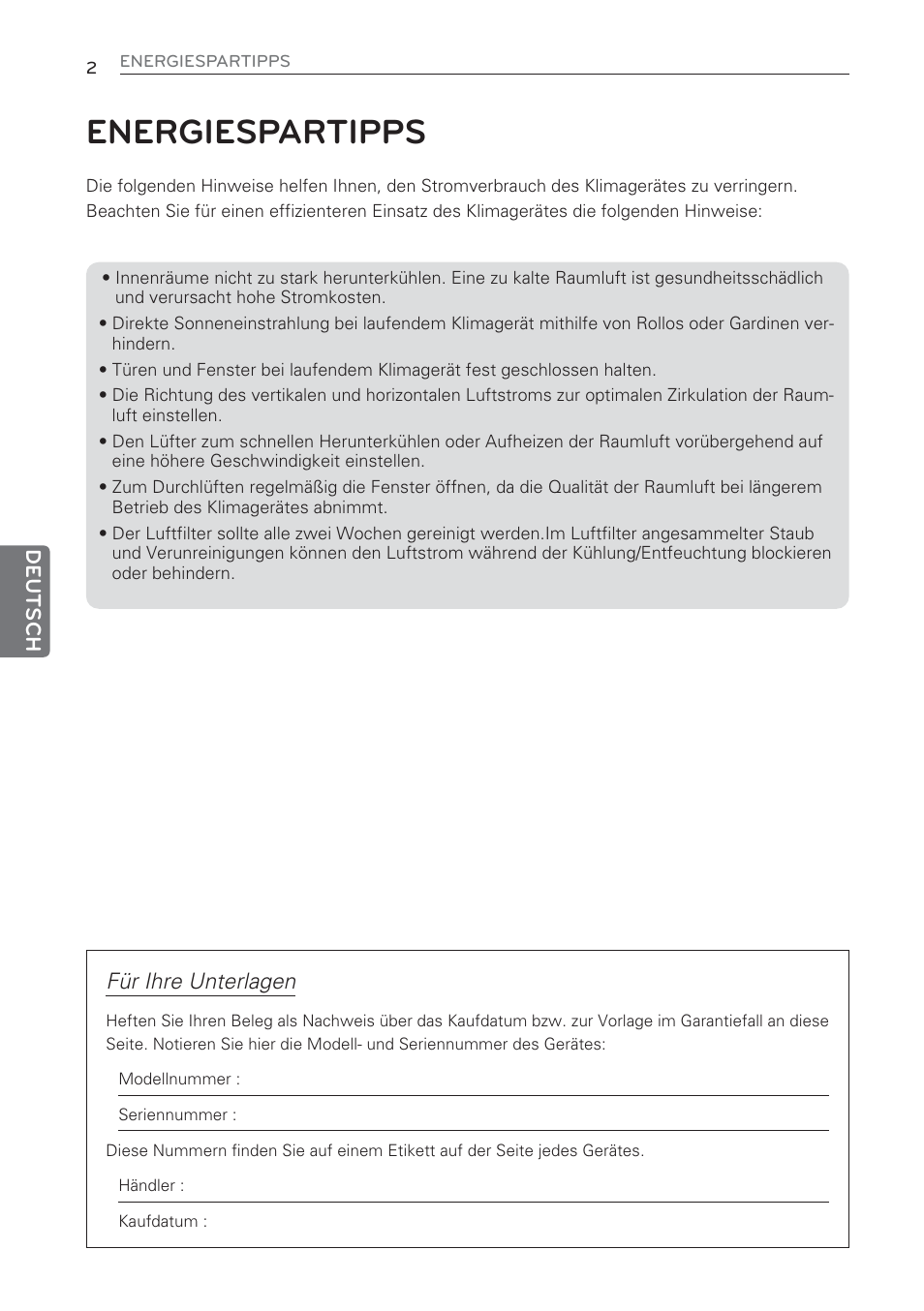 Energiespartipps, Für ihre unterlagen | LG CV09 User Manual | Page 106 / 209