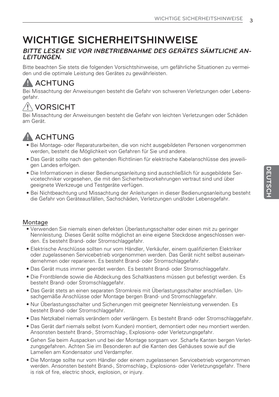 Wichtige sicherheitshinweise, Achtung, Vorsicht | LG CV09 User Manual | Page 107 / 209