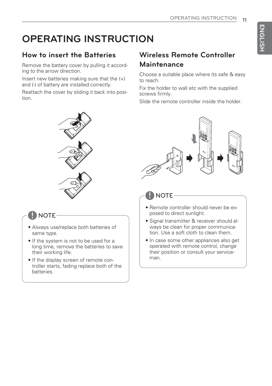 Operating instruction, How to insert the batteries, Wireless remote controller maintenance | LG CV09 User Manual | Page 11 / 209