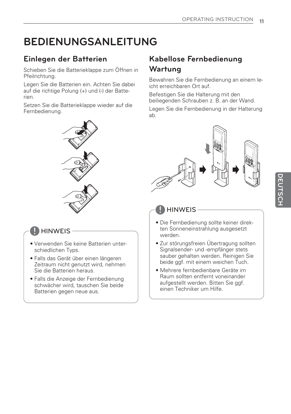 Bedienungsanleitung, Einlegen der batterien, Kabellose fernbedienung wartung | LG CV09 User Manual | Page 115 / 209