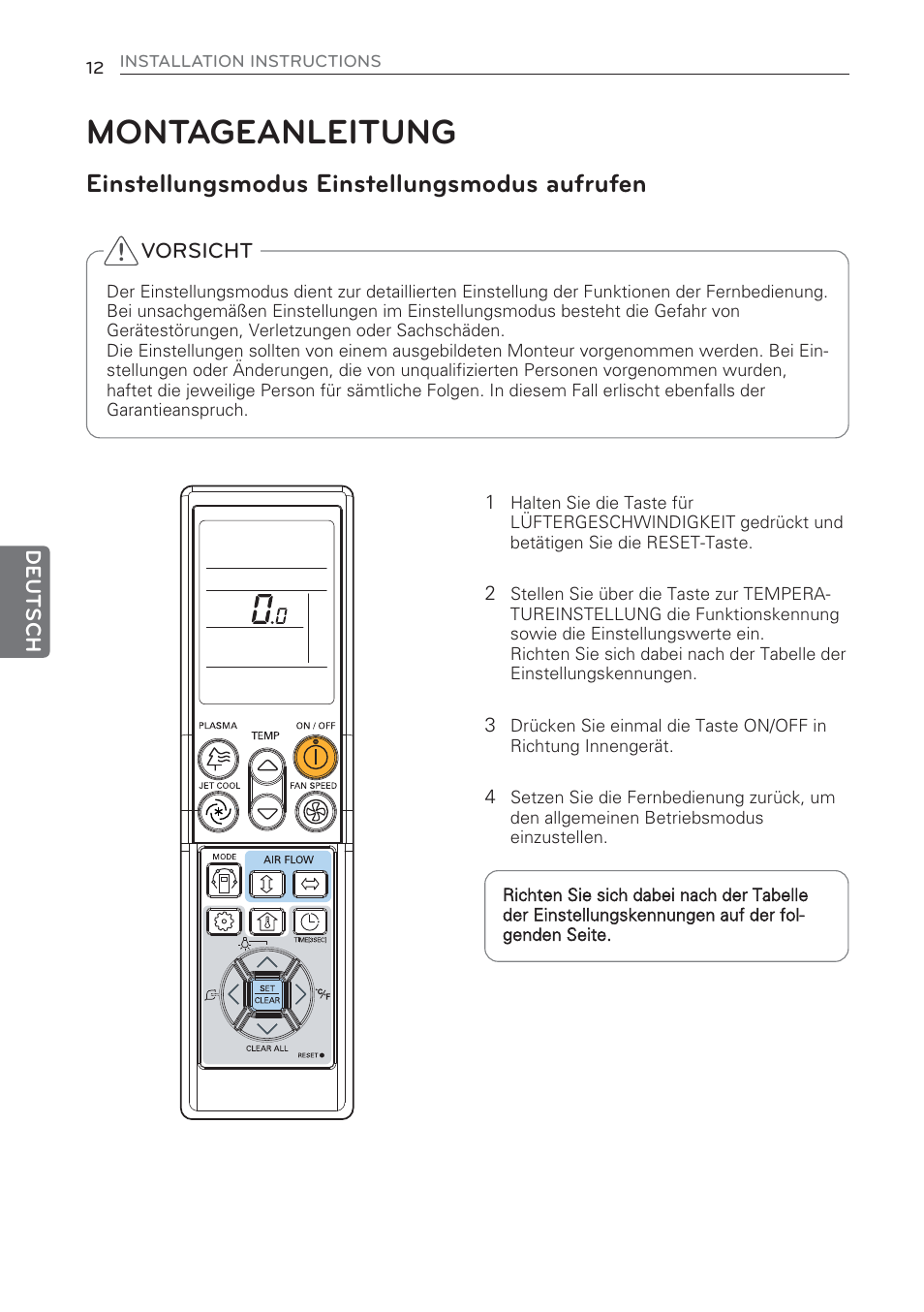 Montageanleitung, Einstellungsmodus einstellungsmodus aufrufen | LG CV09 User Manual | Page 116 / 209