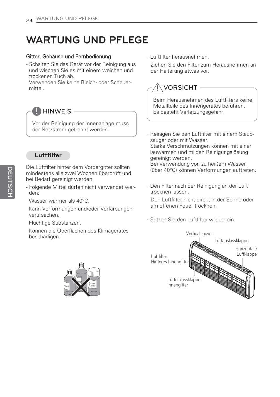 Wartung und pflege, Deutsch, Hinweis | Vorsicht, Luftfilter | LG CV09 User Manual | Page 128 / 209