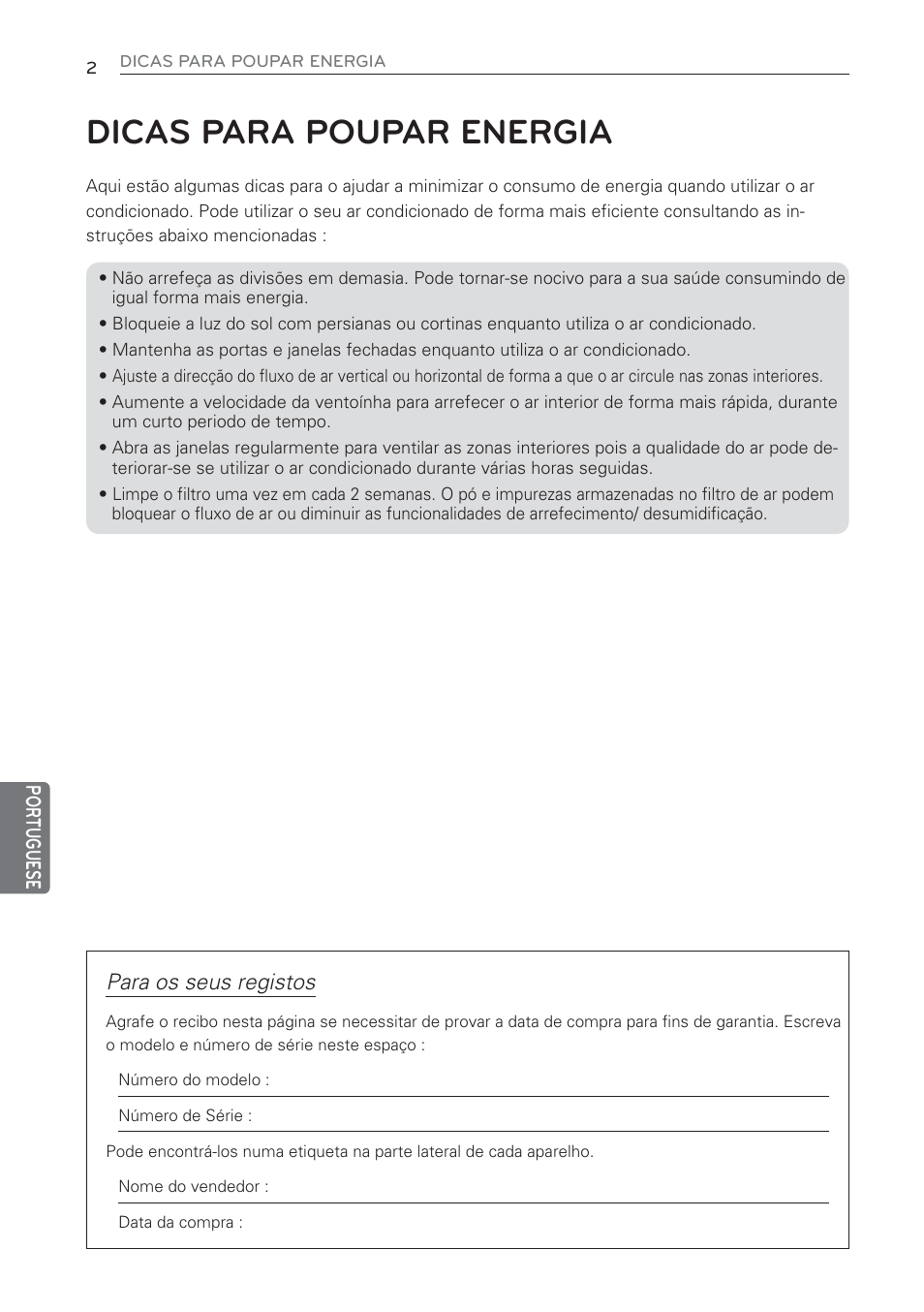 Dicas para poupar energia, Para os seus registos | LG CV09 User Manual | Page 158 / 209